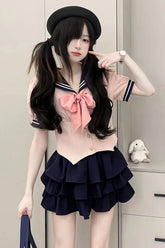 Short Sleeves Multi-layer Ruffle Bowknot Sweet College Style Japanese School Skirt Set 4 Colors